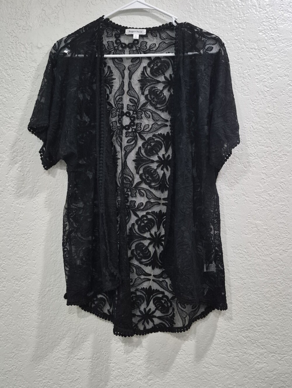 Sugar Rain Black Floral Lace Open-Front Cardigan Size L
